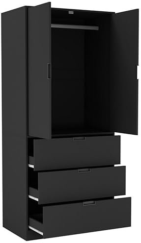 URBNLIVING 2 Door 3 Drawer Black White Oak Grey Modern Wardrobe Furniture with Clothes Hanging Rail Storage Shelf for Home Bedroom Organiser Unit H180cm x W80cm x D50cm