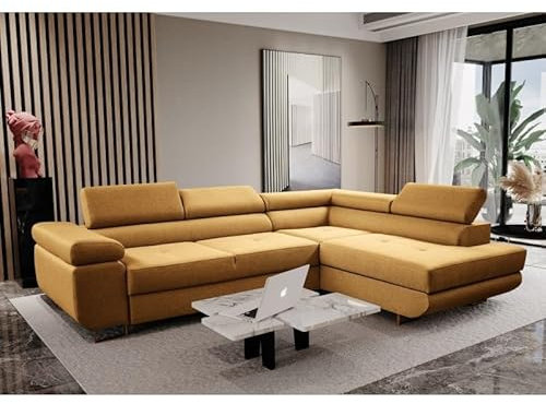SeproMeble Ecksofa ALI mit einstellbaren Kopfstützen, Eckcouch in L-Form mit Schlaffunktion und Bettkasten, Farbe: Gelb, Ottomane Links, Veloursstoff