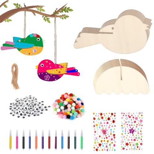 Tikplus Birds Crafts for Kids, 10 Pack Wooden Craft Set, Art Kits Painting Crafts for Kids, Educational Toys to Build 3D Birds, Creative Animal Ornament for Boys Girls Spring Decoration