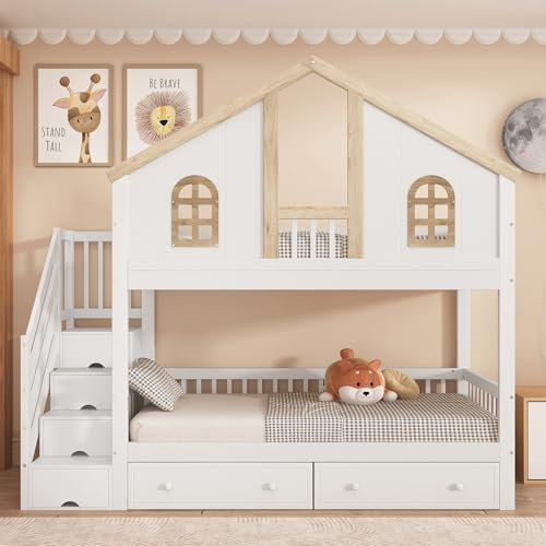 Ymkua Letto a Castello 90x200 cm, Letto per Bambini con Scala Contenitore e 2 cassetti, letti a Soppalco con Tetto e Finestra, letti con Rete a Doghe e Protezione Anticaduta, Naturale, Senza Materasso