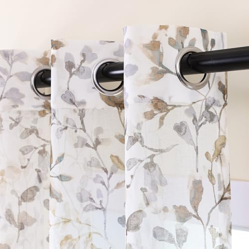 L.Z.E Gardine Braun Taupe für Küche Fenster Vorhang Sand mit Ösen Kurz Transparent Gardinen Vorhänge für Wohnzimmer Schlafzimmer 2er Set Blätter Muster Leinenoptik Ösen Schals 175 cm (LZE2226E-TP175)