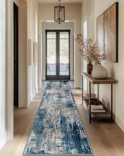 DEFYNEE Teppich Läufer 60 x 180 cm, rutschfest Teppichläufer, Kurzflor Küchenläufer, Waschbar, Faltbar, Abstraktes Design für Eingang, Küche, Wohnzimmer & Büro, Graublau