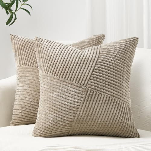 Topfinel 2er Set Taupe Kordsamt Windmühle Streifen Muster Kissenbezug 50x50CM Weich Kissenhülle Dekokissenbezug Sofakissen Dekokissen Boho Deko für Sofa Schlafzimmer Wohnzimmer Balkon
