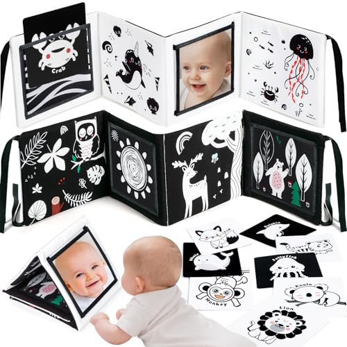 URMYWO Kontrastkarten Baby, Schwarz Weiß Doppelseitig Baby Stoffbuch, Kontrastbuch für Neugeborene Babys 0-3-6 Monate Visual Stimulus Lernkarten, Flashcard Kleinkinder Spielzeug Geschenk