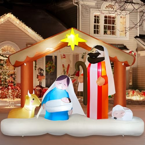 Danxilu Aufblasbare Weihnachtskrippe für den Außenbereich, 2,4 m lang, Weihnachtsdekoration, Aufblasen der Geburt Jesus, integrierte LED-Lichter für Hof, Garten, Rasen, Terrasse, Urlaub, Party