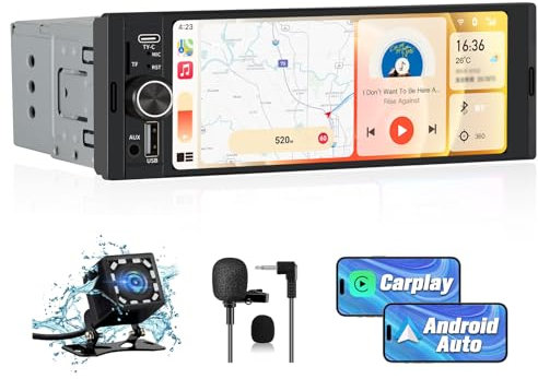 Hexinex Radio de Coche 1 DIN Universal con Carplay y Android Auto Inalámbrico,Autoradio 1 DIN con Pantalla Táctil de 6.36 Pulgadas y Cámara Trasera, Admite Bluetooth/Mandos Volante/FM/USB/TF