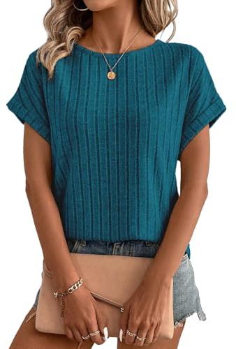 Gemulate Short Sleeve Blouses Casual Round Neck tee Shirts for Women Ladies Solid Spring Summer Tunic Tops Peacock Blue XL