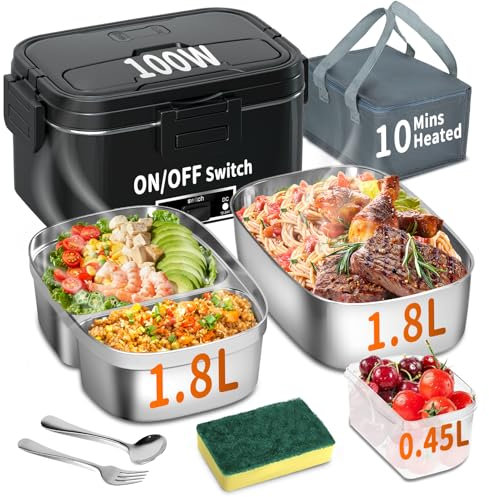 Fiambrera eléctrica de 100 W, 3 en 1, portátil, fiambrera de acero inoxidable, 12 V/24 V/220 V, aislada para coche/camión/oficina, con bolsa aislante (negro, STS1.8L)