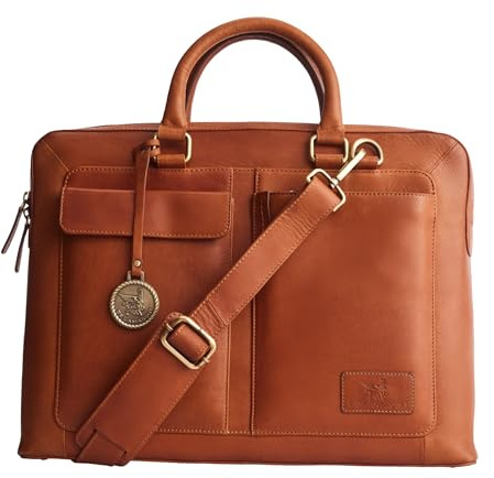 DE LAMASSU Julian Premium Echtleder-Laptoptasche, 16 Zoll, Unisex Business-Tasche mit Trolleyband, Schwarz (Cognac)