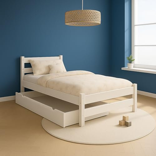 MEBLE WRÓBEL Kinderbett 80x180 cm mit Schublade und Lattenrost - Einzelbett aus Kiefer Massivholz - Kinder Bett Montessori - Jugendbett in Weiß - ohne Matratze