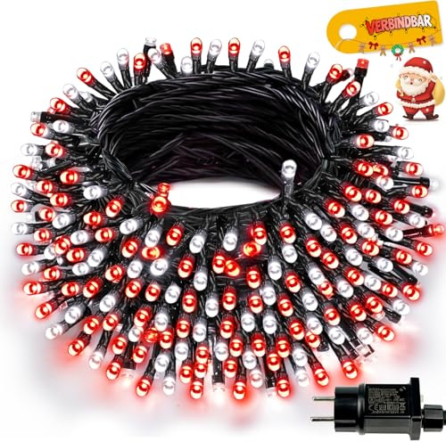 20m Lichterkette Weihnachtsbaum 200 LED 8 Modi LED Lichterkette Außen Strom | Rot Kaltweiß, Timer, IP44 Wasserdicht, Weihnachtsbeleuchtung für Weihnachtsdeko Innen Weihnachten Tannenbaum Garten Balkon