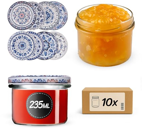 KADAX 10er Set Marmeladengläser 235ml TO82 Blau/weiß, Einmachgläser Vorratsgläser Mason Jar mit Schraubdeckel, Luftdichte Schraubgläser, Honig & Konfitüre
