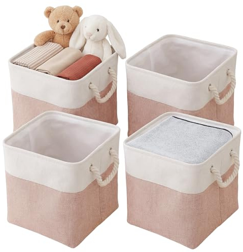 Fabric Storage Box [4-Pack], Foldable Storage Baskets for Organizing Toys, Books, Shelves, Closet, Large Storage Box with Rope Handles, Sturdy Organizer Bins, Office Supplies and Other Sundries, Pink