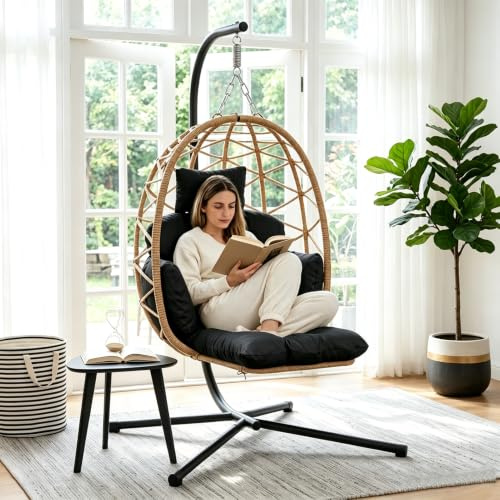 houcheyai Hängesessel mit Gestell Fußstütze, Hängekorb Sessel, Rattan Hängestuhl Outdoor und Indoor, Hängeschaukel Dicke Kissen, Deko für Wohnzimmer, Balkon, Schaukel Sessel, Kinder & Erwachsene