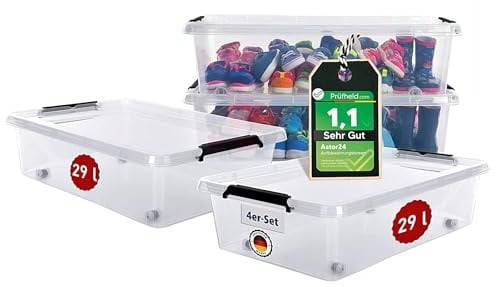 astor24 [Test SEHR GUT, NOTE 1.1 4x 29 L Unterbettboxen mit Rollen [58 × 39 × 16 cm], Aufbewahrungsbox mit Deckel, Aufbewahrung und Organisation, Organizer für Küche Büro Haushalt Schrank Werkstatt