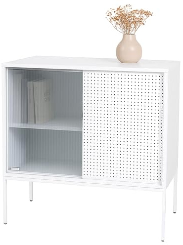Mendler Kommode HWC-O90 85x80x45cm Metall - weiß | Schrank, Sideboard, Highboard, Industrial, Staufächer, Schiebetüren