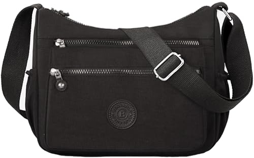 FAVORTALK Umhängetasche Damen Handtasche Mittelgroß Nylon Crossbody Bag mit Vielen Fächern Leicht Schultertasche Wasserdicht Verstellbarer Messenger Bag für Einkaufen Reisen Schule B44003 Schwarz