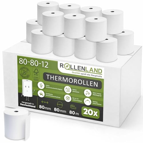 ROLLENLAND 20 Thermorollen 80x80x12 [80 m Lauflänge & BPA frei] Kassenrollen, Bonrollen, Thermopapier Rollen ohne Aufdruck, 48 g/qm, für Kasse und Bondrucker