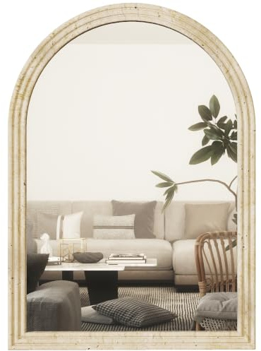 HOMCOM Miroir Mural Arqué Moderne Bord Rainuré Crochets 50 x 70 cm Beige | Verre Trempé Et Polystyrène