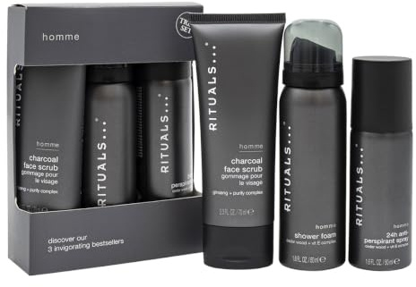 Rituals Homme Geschenkset, Duschschaum 50ml, Antitranspirant Spray 50ml, Kohle-Gesichtspeeling 70ml, Zedernholz & Vitamin E Komplex, 3-teilig