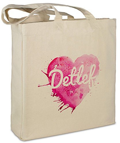 Stofftasche mit Namen Detlef - Motiv Painted Heart - Farbe beige - Stoffbeutel, Jutebeutel, Einkaufstasche, Beutel