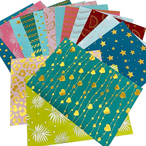 UOOOM 12 Stück Selbstklebend Deko Stoff Rechteck Aufkleber Stoffe Tape Scrapbooking Collage DIY Crafts - 21 cm x 14 cm - Verschiedene Muster und Farben