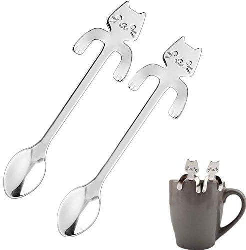 Lifesport 304 Edelstahl-Löffel, 2 Stück, Life Sport Geschenk, Kaffeelöffel mit schönen Katzen, Pflaumenlöffel, Teelöffel, Besteck, Trinkutensilien, Küchenhelfer, Partner, Freunde, Familie, Hochzeit, W