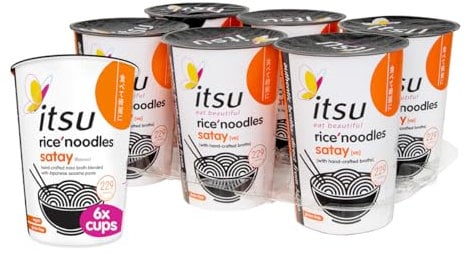 itsu Satay Flavour Rice Noodles | Instant Noodle Cups | Authentic Japanese Flavour | Vegan & Gluten-Free | Low-Calorie | Quick-to-Make Snack | Pack of 6