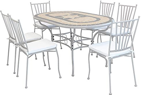 Set Tavolo Giardino Ovale Fisso con Piano in Mosaico 160 X 90 con 6 Sedie in Ferro Tortora per Esterno