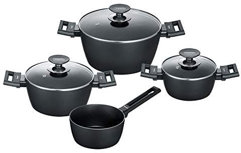 Berndes Alu Induction Batteria 7 Pezzi: Casseruola 16+20+24 cm, Pentolino 16 cm, Coperchi in Vetro 16+20+24 cm Nero