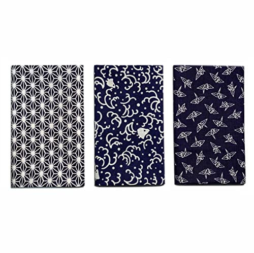 Yagisei Hergestellt in Japan Komon Tenugui Handtuch-Set 3 Arten (Flachsblatt, Namichidori, Orizuru) blau, 33 x 90 cm