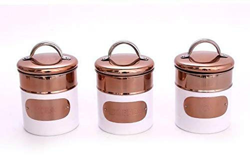 Set of White & Rose Gold/Copper Hammered Tea Coffee Sugar Metal Canisters