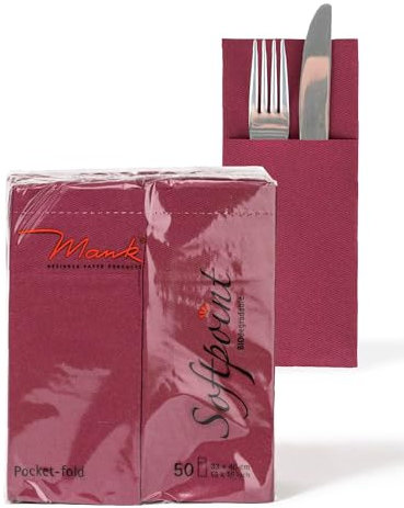 Mank Besteckservietten Servietten Tasche aus Softpoint Pub Bestecktaschen 40 cm x 33 cm 1/8 Falz mit Besteckschlitz für Gastronomie und Feiern 50 Stück (Bordeaux)