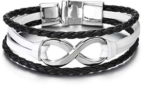 COOLSTEELANDBEYOND Tre File Infinito Amore Numero 8 Braccialetto di Amicizia, Uomo Donna Bracciali Bianco Nero Intrecciato Cuoio
