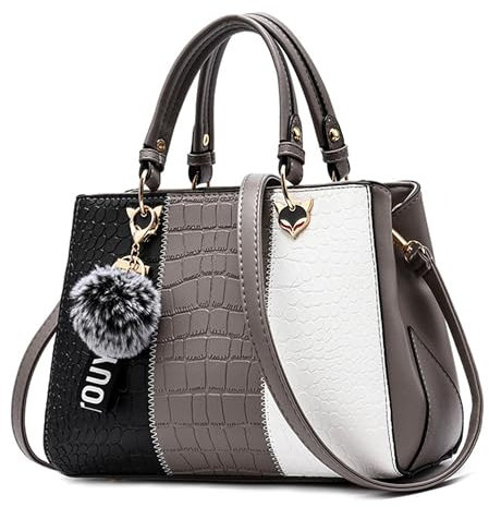 VARLIVOO Damen Handtasche Schultertasche Frauen Umhängetasche Taschen Wasserdicht Krokodilmuster PU Leder Henkeltaschen Grau B