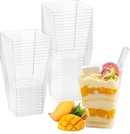 EDATOFLY 50 Pièces Coupes à Dessert, 5oz/150ml Coupe à Dessert Plastique, Tasses à Dessert, Tasses à Dessert Carrées pour Mousse, Pudding Dessert, Crème, Chocolat, Buffet