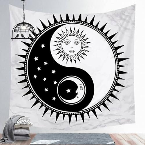 EHOMERY Wandbehang Om Wandteppich Tapisserie Multicolored Fantasy Wandbehang Wandtuch Schwarz Und Weiß Tarot Sonne Mond Wandbehang Wandteppich Wanddekoration Jugendzimmer Mädchen 95X73Cm