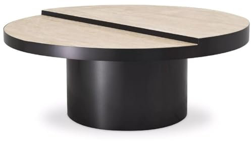 Casa Padrino Luxus Couchtisch Bronze/Beige Ø 88 x H. 35 cm - Runder Edelstahl Wohnzimmertisch mit 2 Travertin Tischplatten - Wohnzimmer Möbel - Luxus Möbel - Luxus Einrichtung