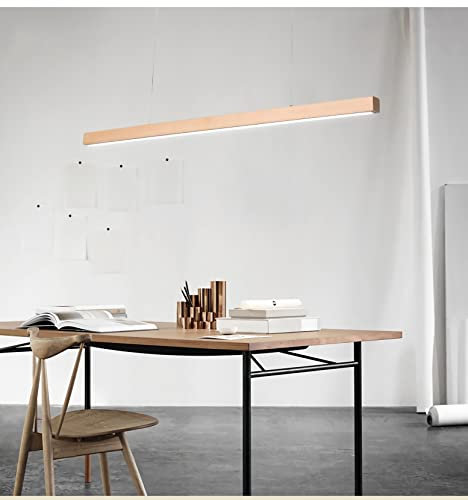 WERSVG LED Pendelleuchte Esstisch,Holz Hängeleuchte Dimmbar mit Fernbedienung Hängelampe aus Holz in Natur 100cm/120cm/150cm Decke Esstischlampe Kronleuchter für Büro Holzlampe (Holzfarbe, 120CM)