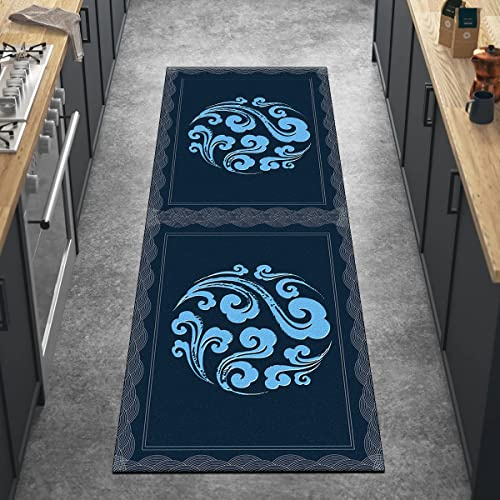 Ymural Vintage Teppich Läufer Flur, Navy Blau Küchenteppich rutschfest Meterware Lang Teppich Läufer Flur Küchen Waschbar Kurzflor Polyester Korridor Schlafzimmer, Anpassbar Breite 40-120cm