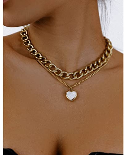 Atentuyi Punk Cuban Chunky Chain Necklace Gold Chain Layered Choker Necklaces Pendant Heart Necklace Flat Curb Link Chain Thick Chain Multilayer Collar Necklace Jewelry for Women and Girls