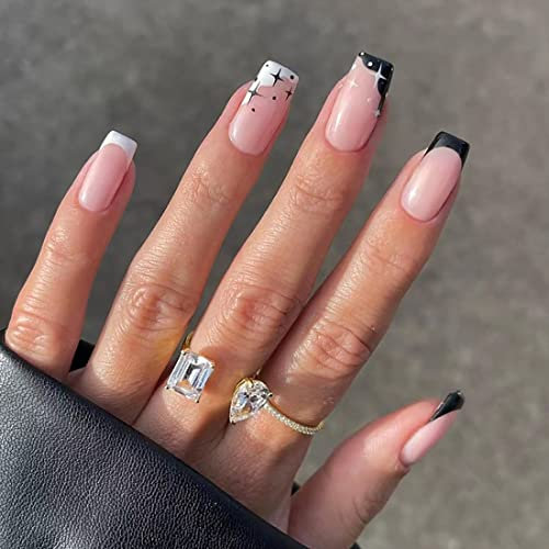 24 PCS French Tips Press on Nails Medium Length False Nails Glossy Black White Fake Nails Full Cover Design Nail Art for Women and Girls Party Salon