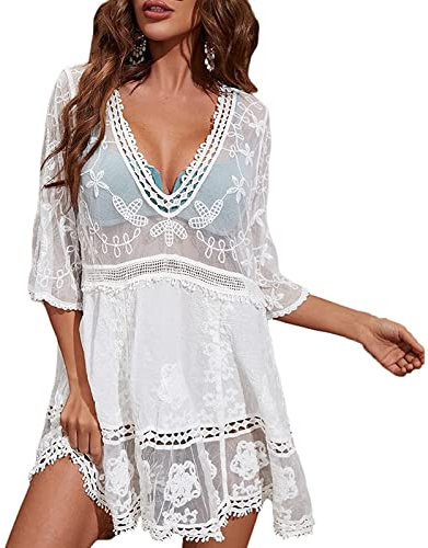 Women's Swim Cover-ups Bikini Beach Dress Hollow Out Mesh Floral Swimsuit Beachwear 3/4 Sleeve See Through Womens Summer Boho Dresses Beach Coverups For Women UK (One Size, White)
