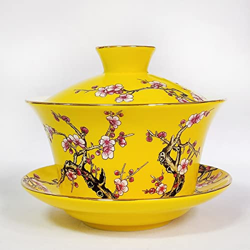 KOPYFANTAP Porcellana Gaiwan,Tazza da Tè Tradizionale Kungfu Cinese con Coperchio e Piattino Motivo in Rilievo per Fiori di Prugna,Serbatoi di Stoccaggio del Formaggio,300ml,Giallo