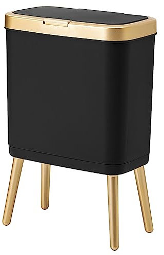 Procade Office Trash Can with Lid, Black Bathroom Trash Can with Gold Edge, Modern Narrow Garbage Can with Legs, Slim Garbage Bin Plastic Trash Bin for Bedroom, Living Room,Kitchen,Toilet, 4 Gallon