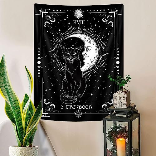 Gothic schwarze Katze vertikaler Wandteppich, hexige schwarze und weiße Tarotkarte, Flügelmaus Katze, cooler Wandteppich für Männer, Mondphasen, ästhetische Anime, Hexerei, Poster, 74x100 cm