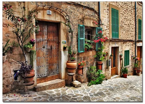 Leinwanddruck, Motiv: Straßen der alten mediterranen Städte, Blume, Tür, Fenster, Wohnzimmer, Wandkunst, rustikal, Schlafzimmer, Badezimmer, Vintage-Landschaft, Architektur, Bilder, Dekor, gerahmt,
