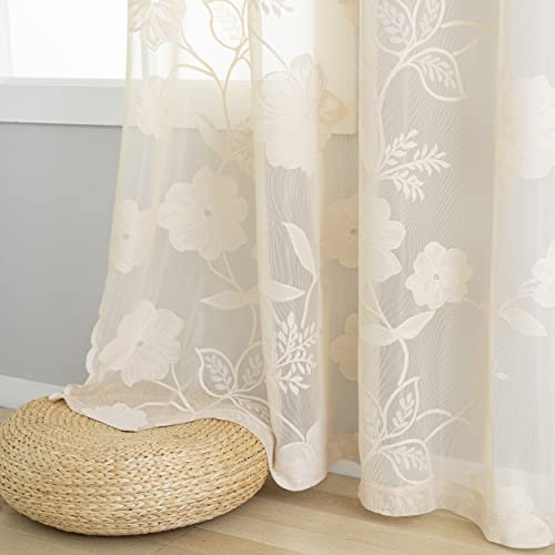 Tende semi-velate in pizzo beige per camera da letto, 228,6 cm, stile country chic con rose, ricamate floreali, tende velate per soggiorno, con bordo smerlato, 132 cm, 1 paio di pieghe a matita