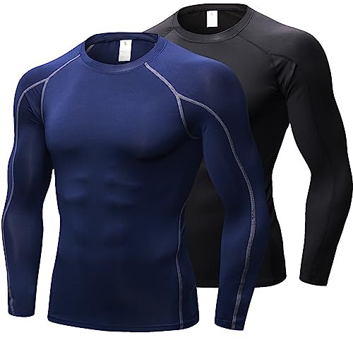 LNFINTDO 2 Pack Mens Compression Tops Base Layer Long Sleeve for Men T-Shirt Quick Dry Sport Tops for Workout Athletic Training Cycling Gym