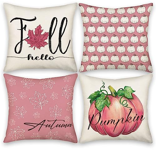 Asamour Rosa Fall Kissenbezüge 45,7 x 45,7 cm Set mit 4 Stück für Herbst Dekor Kürbis und Ahornblätter Outdoor Hallo Fall Kissen Dekorative Wurfkissen Herbst Bauernhaus Thanksgiving Kissenbezug für